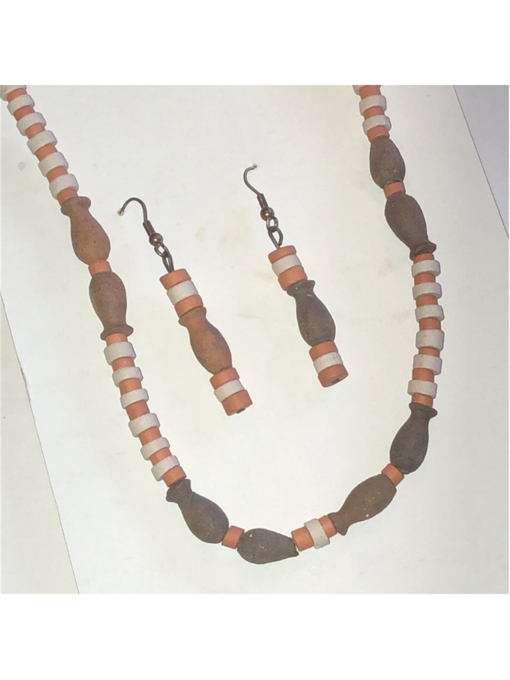 MAKU Brown and Cream Pottery Beaded Boho Necklace and Earring Set